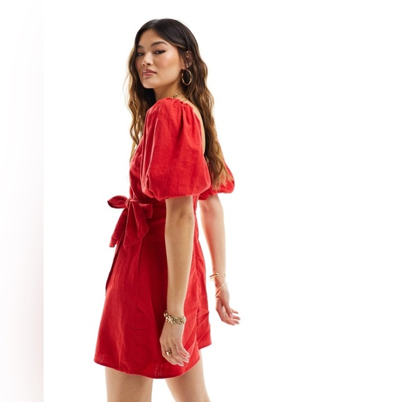 NEW Abercrombie Linen Blend Wrap Dress Angel Sleeve Size XL Petite Red NWOT - Picture 3 of 9